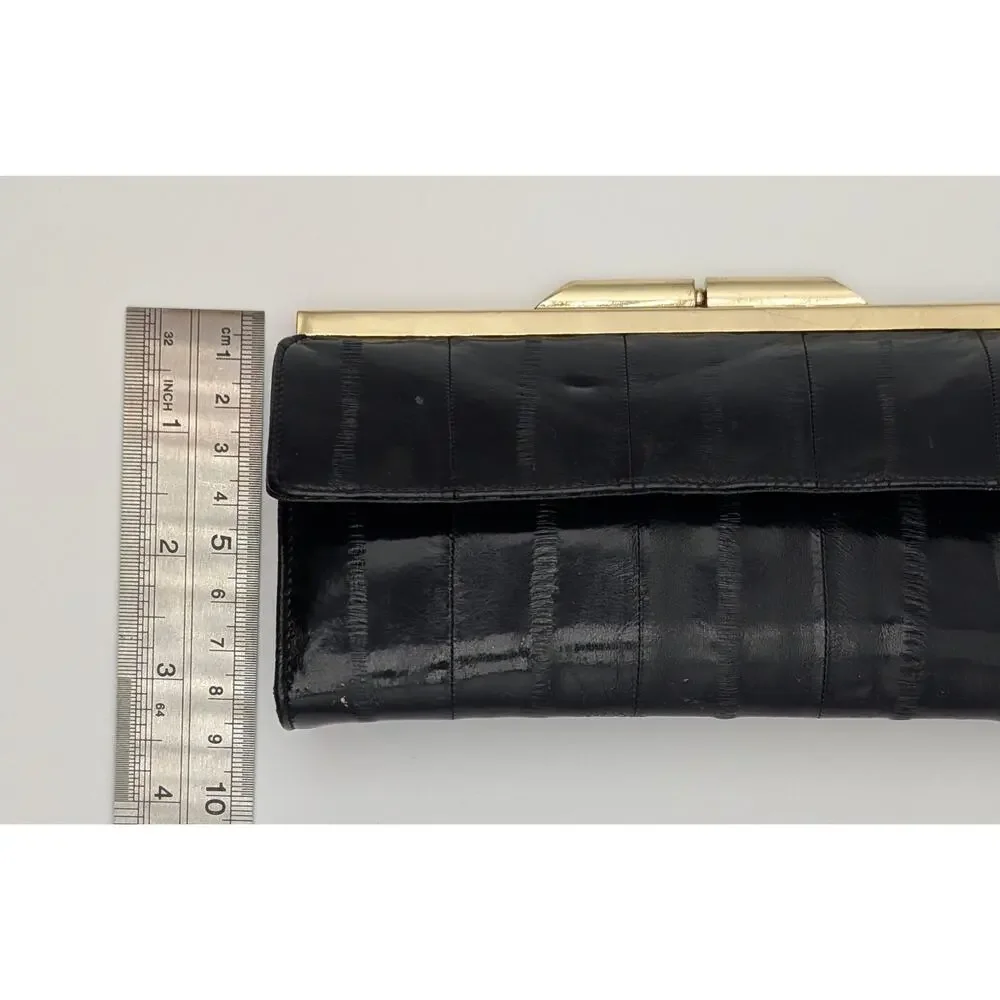 💜Vintage 1980s Black Genuine Eel Skin Kiss-Lock Clutch Wallet
